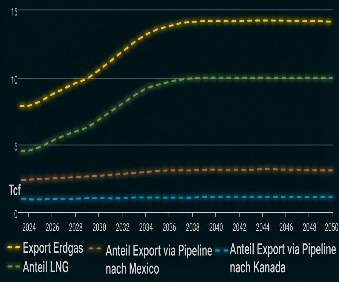 Liniendiagramm (2024–2050) mit vier gestrichelten Linien: Export Erdgas, Anteil LNG, Export via Pipeline nach Mexico und Kanada.